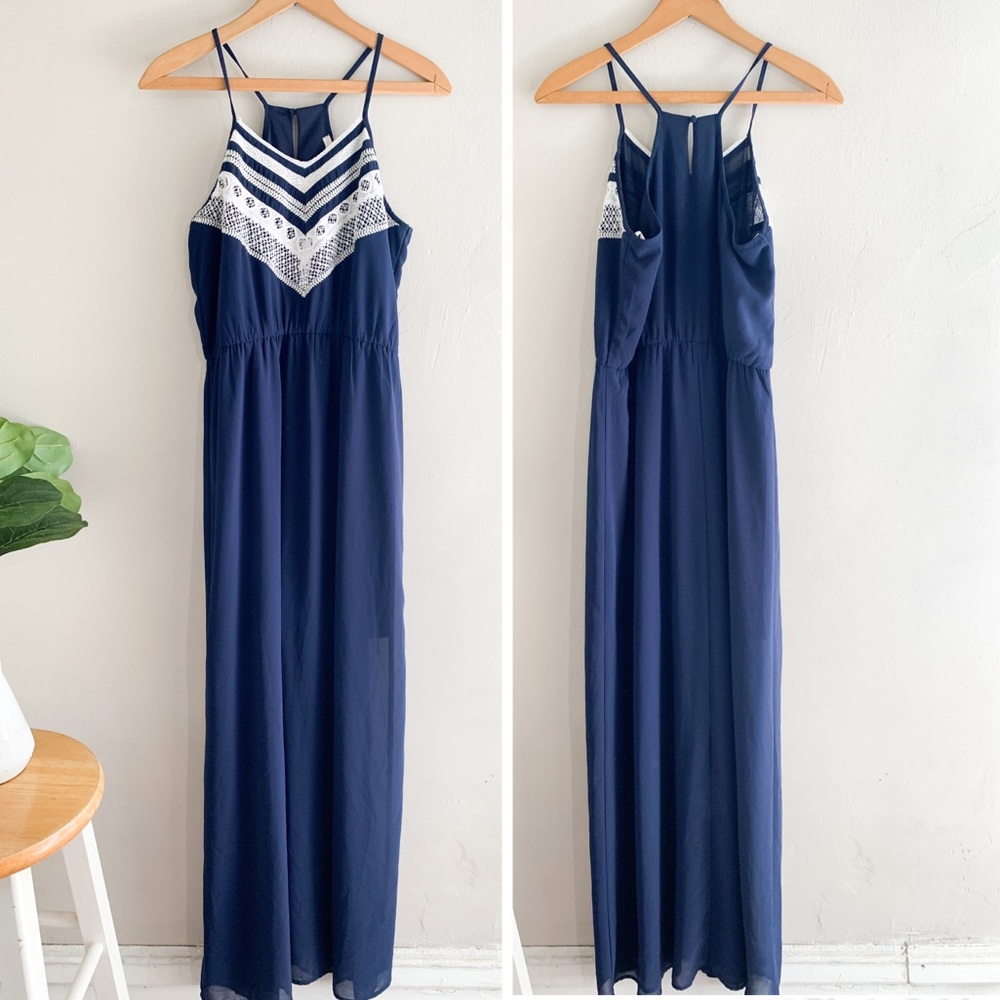 Super B Women’s Embroidered Navy Blue Maxi Dress Sz L